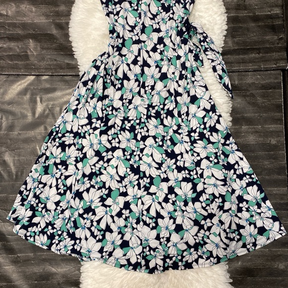 PERCEPTIONS FLORAL DRESS NAVY WHITE GREEN TIE WAIST SPRING BOHO COTTAGECORE - Picture 8 of 10